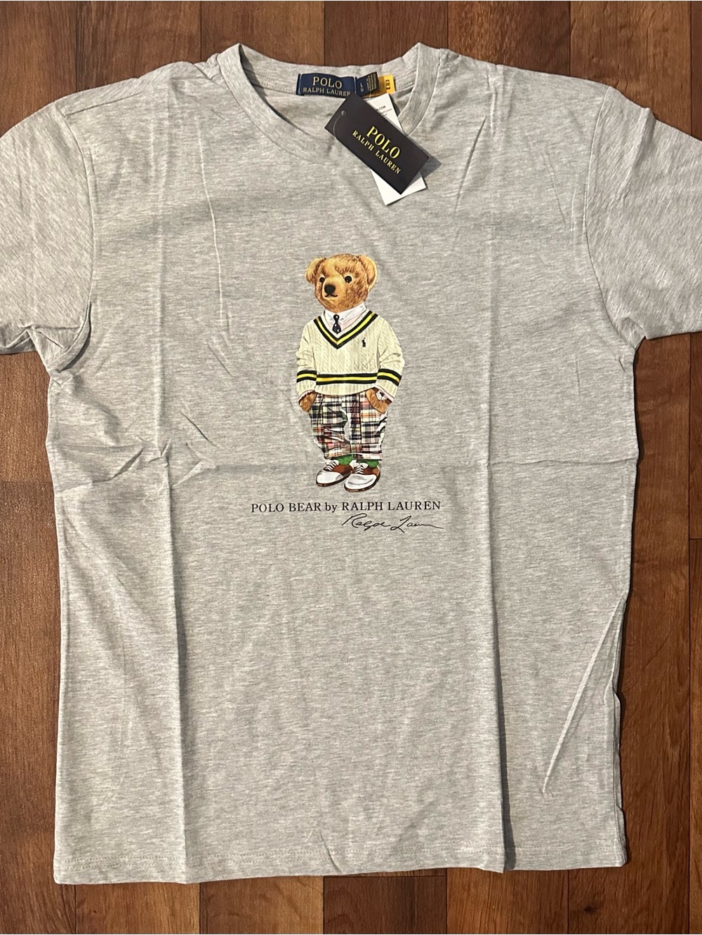 Ralph Lauren Gray Polo Bear Graphic Tee with Yellow Accents